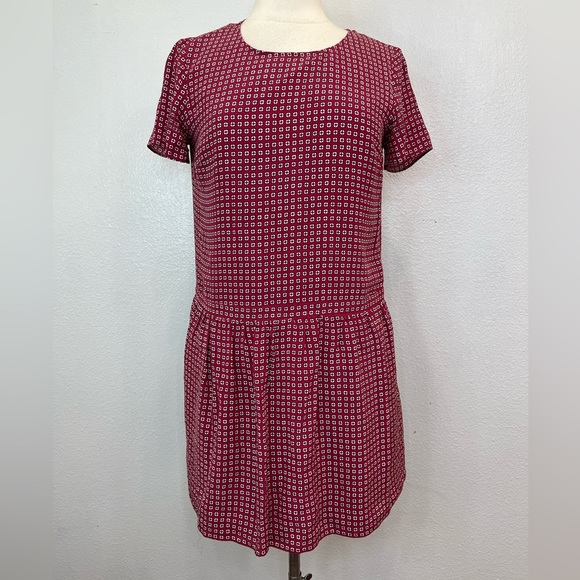 Madewell Silk Short Sleeve Lined Ascot Tile Burgundy Drop Waist Dress Size 4